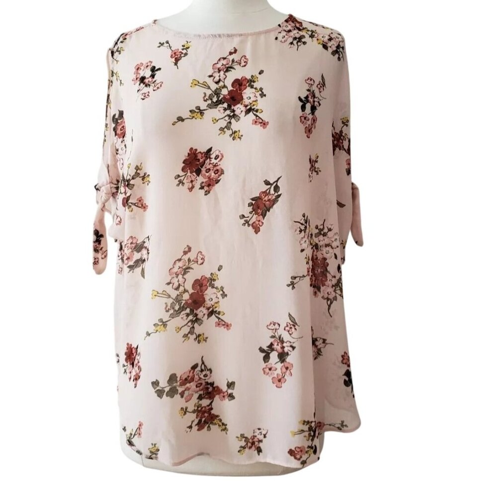 Pink Floral Coquette Blouse Large - Rose Print Chiffon Flowy Garden Style‎ Top